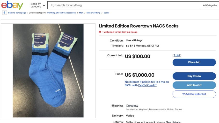 Screenshot of an eBay listing titled Limited Edition Rovertown NACS Socks, showing a current bid of 100 dollars and a Buy It Now price of 1,000 dollars