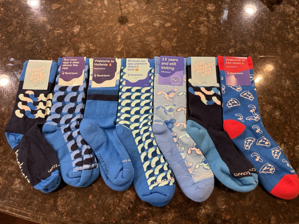 Seven pairs of blue Rovertown socks laid out in a row on a granite counter, each still wearing its printed header card